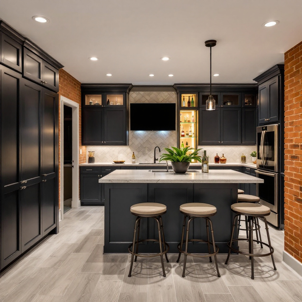 A finished basement wet bar with island seating