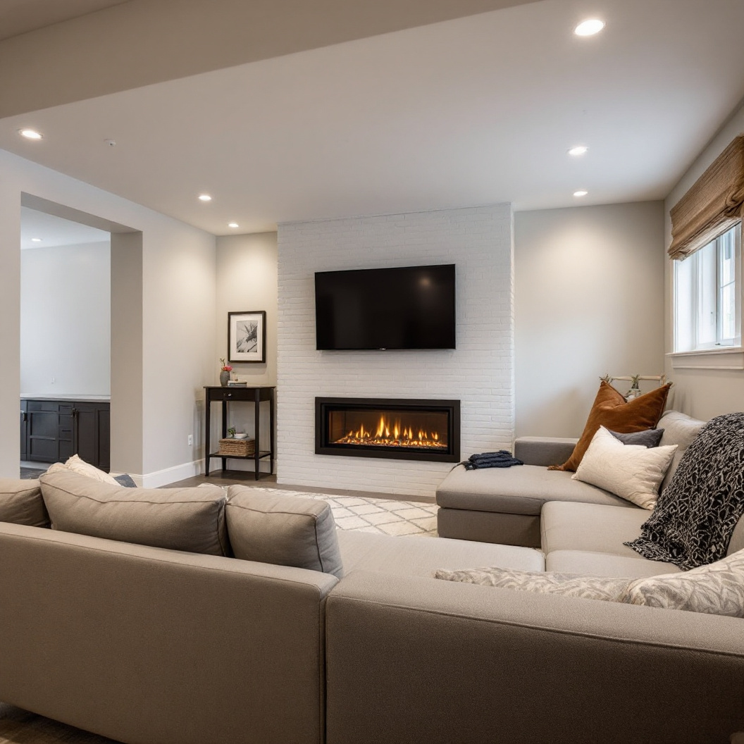 A finished basement rec room with a sectional and fireplace