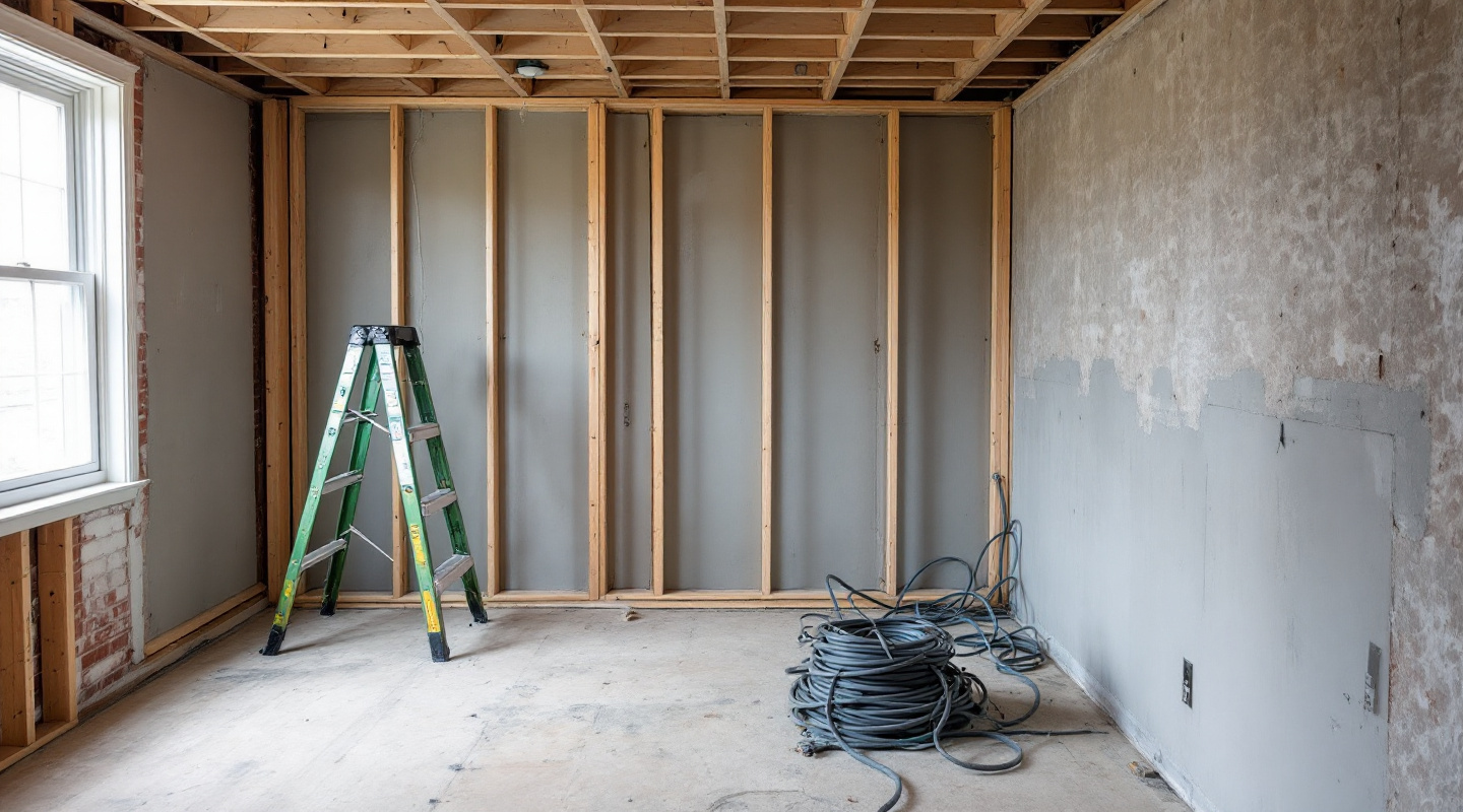 A basement mid-build, framed and part-drywalled