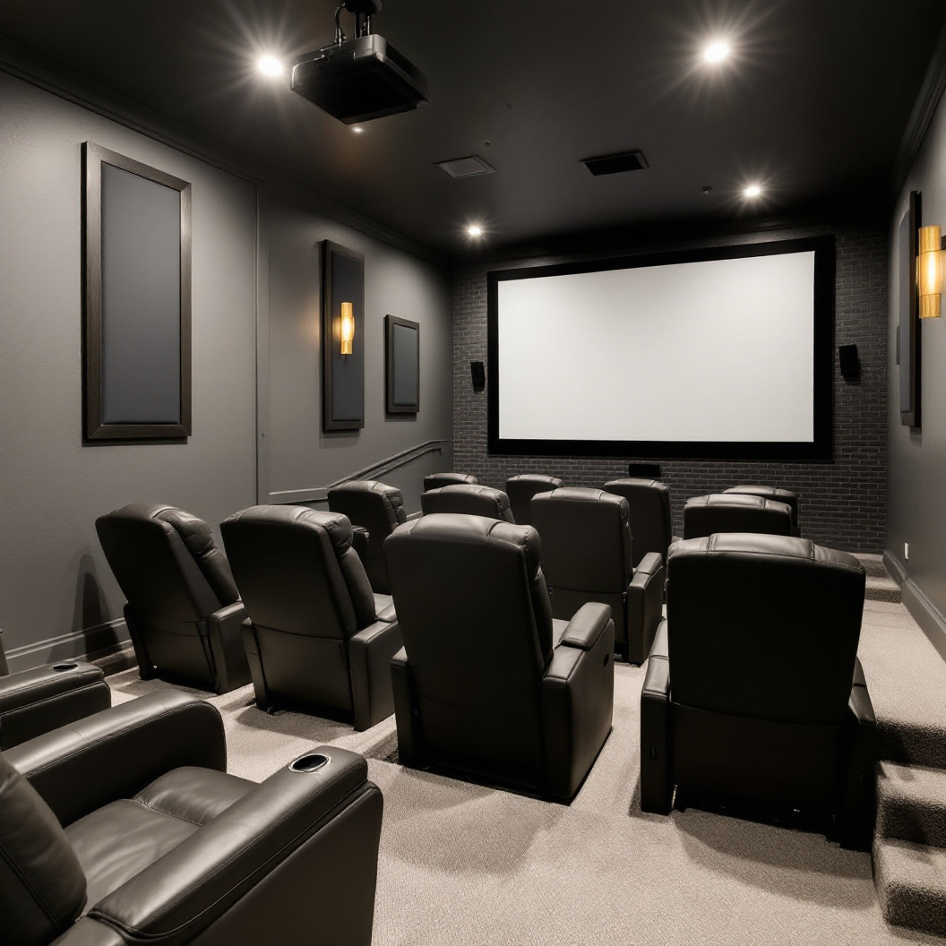A finished basement home theatre with recliner seating