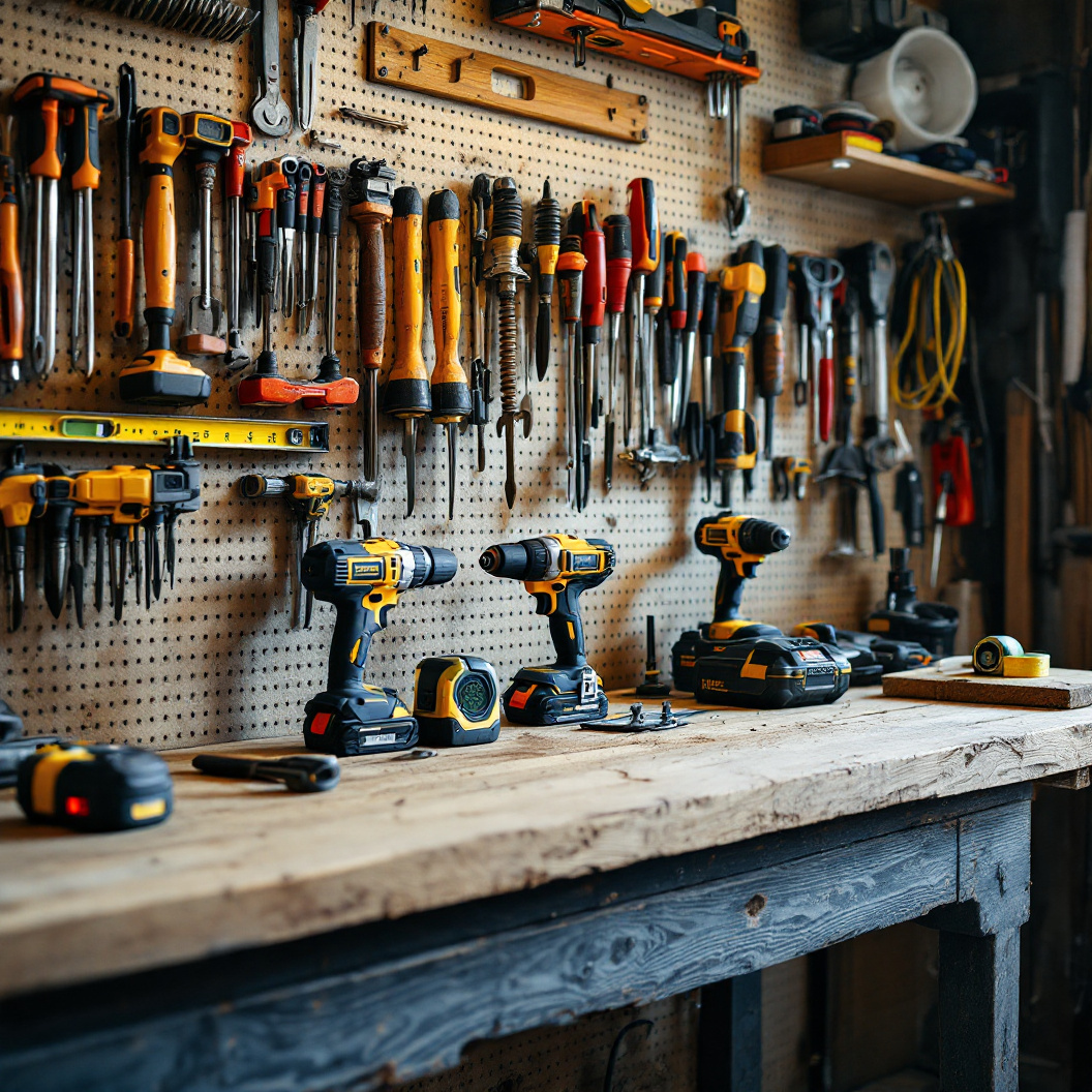 A contractor's workbench and tool wall