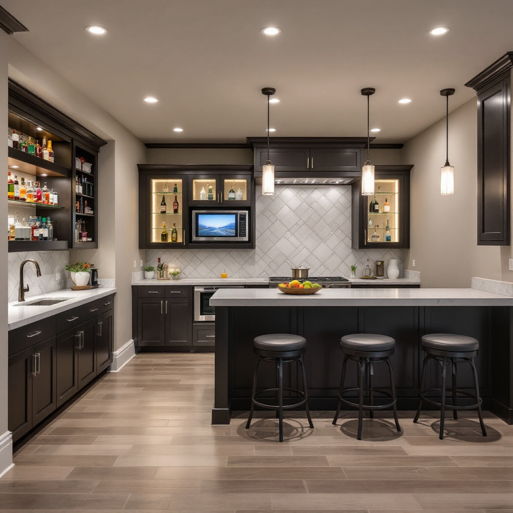 A finished basement wet bar with island seating