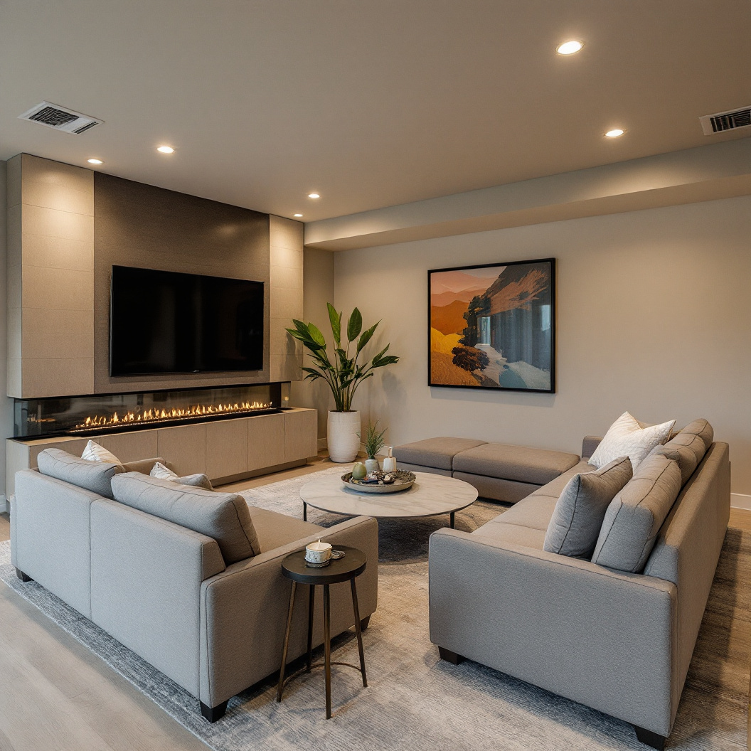 A finished basement rec room with a sectional and fireplace
