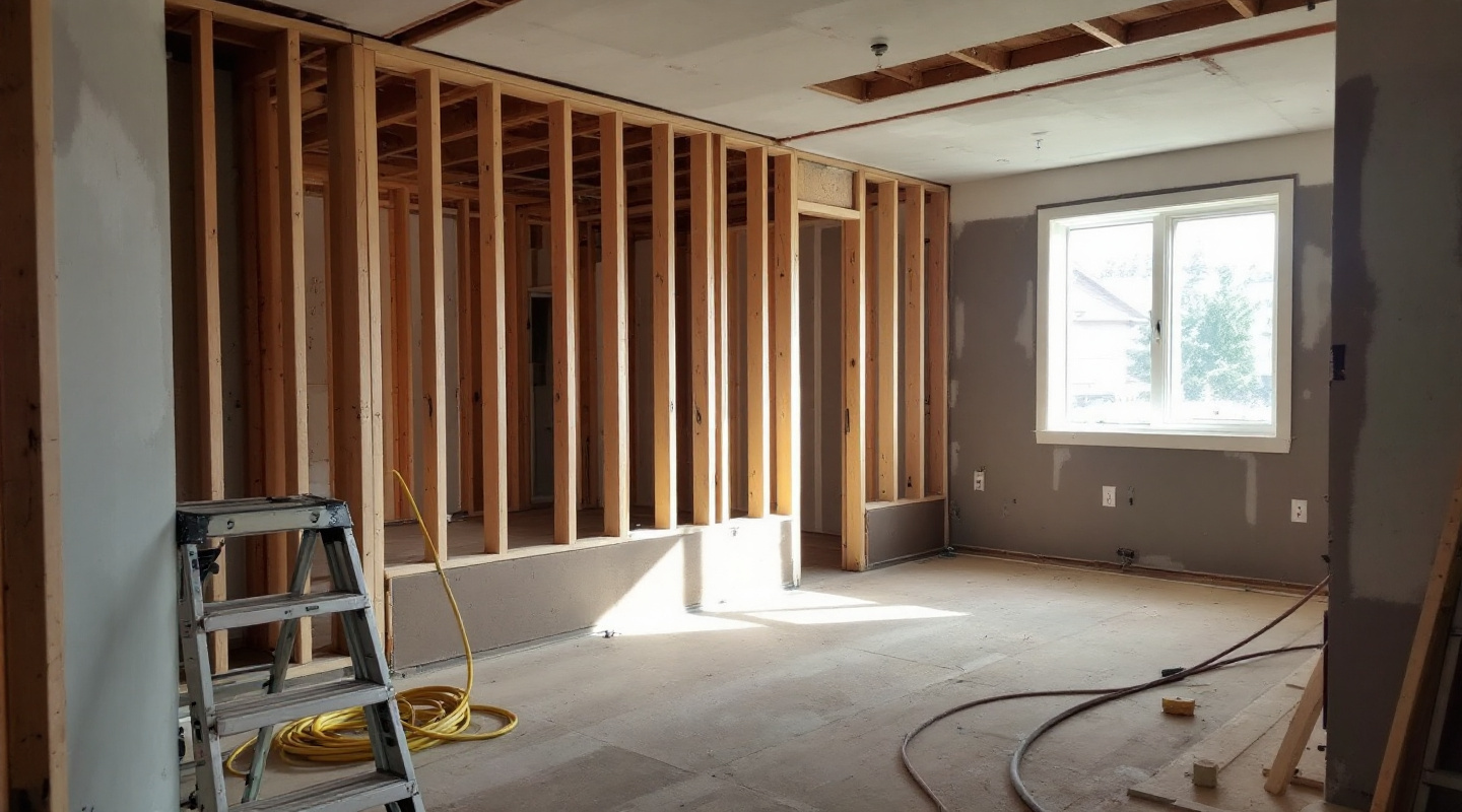 A basement mid-build, framed and part-drywalled