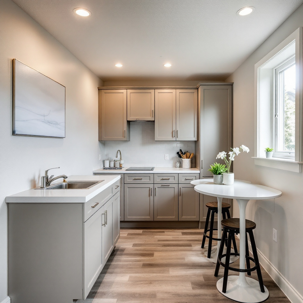 A finished basement legal suite with a kitchenette