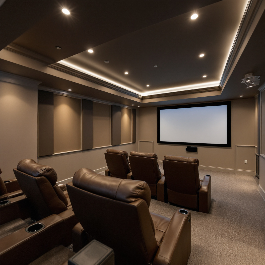 A finished basement home theatre with recliner seating