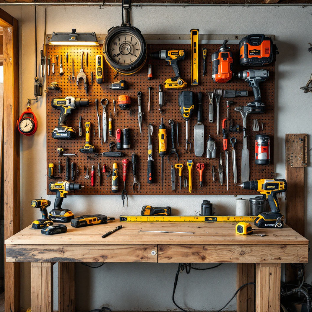 A contractor's workbench and tool wall