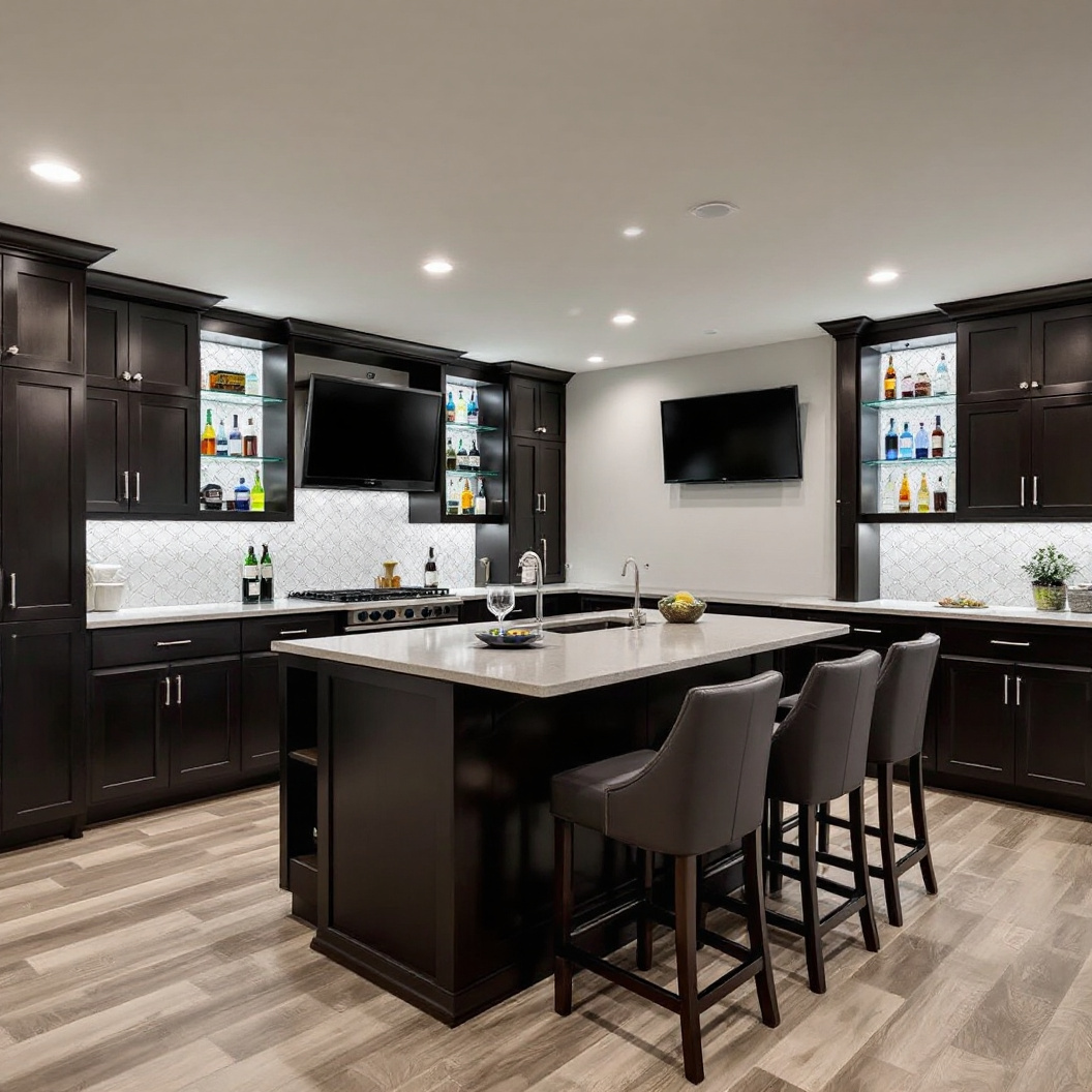 A finished basement wet bar with island seating