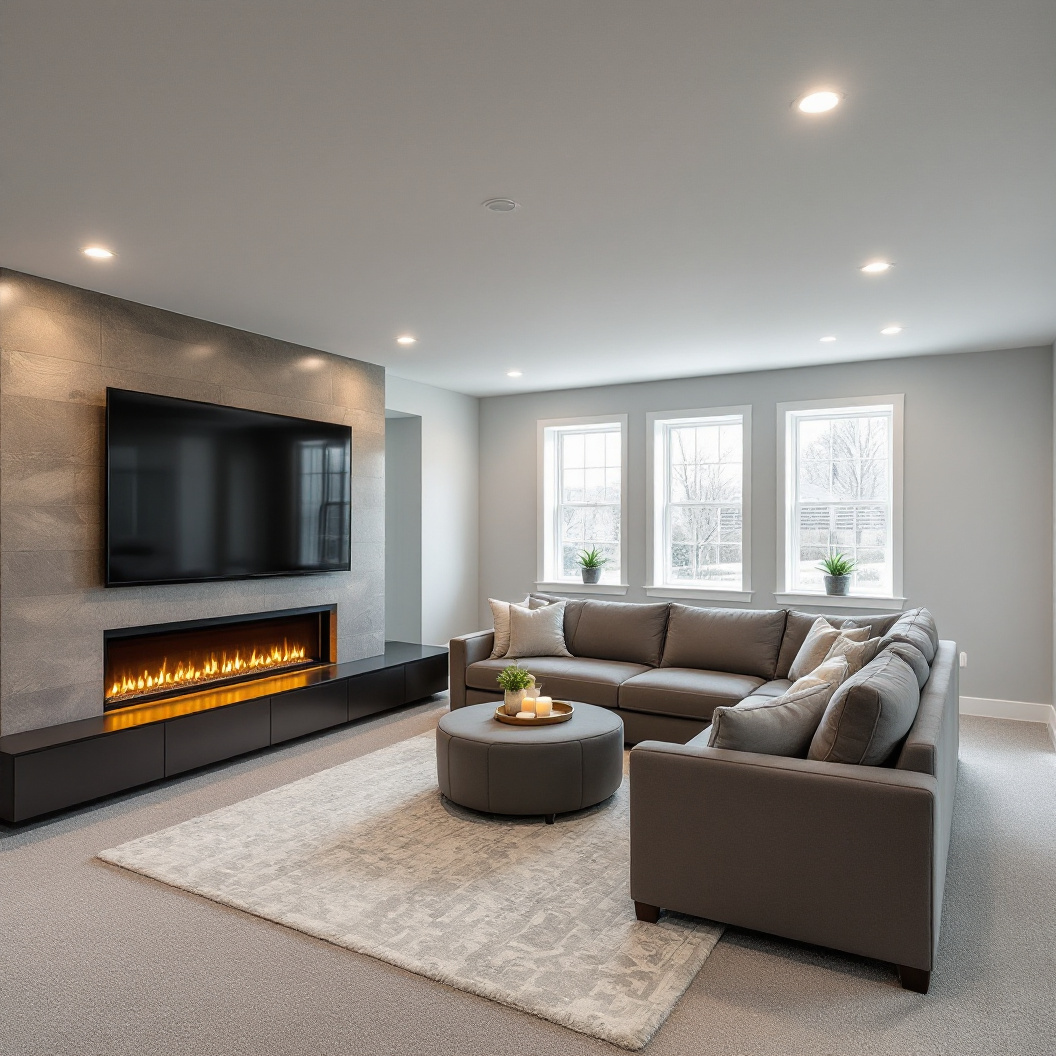 A finished basement rec room with a sectional and fireplace