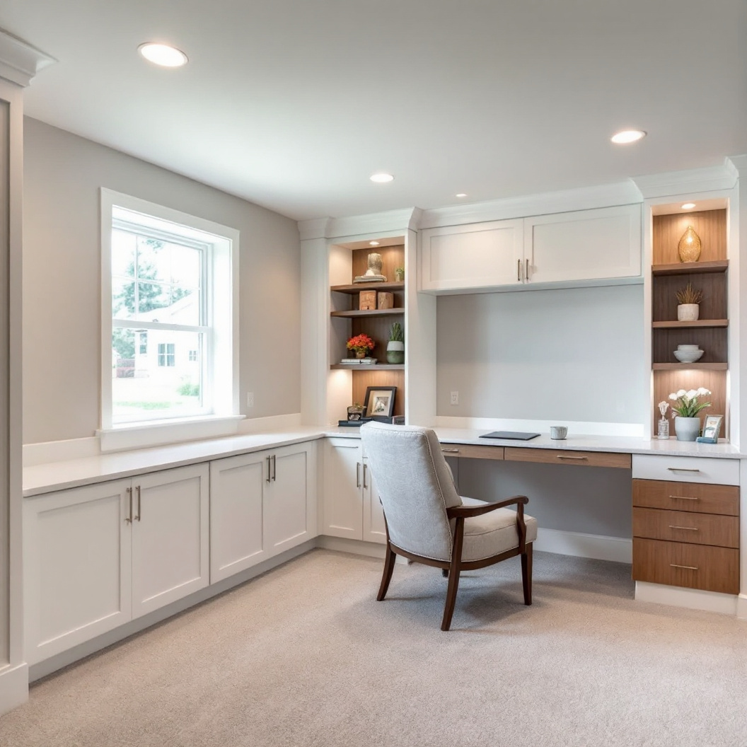 A finished basement home office with built-in desk cabinetry