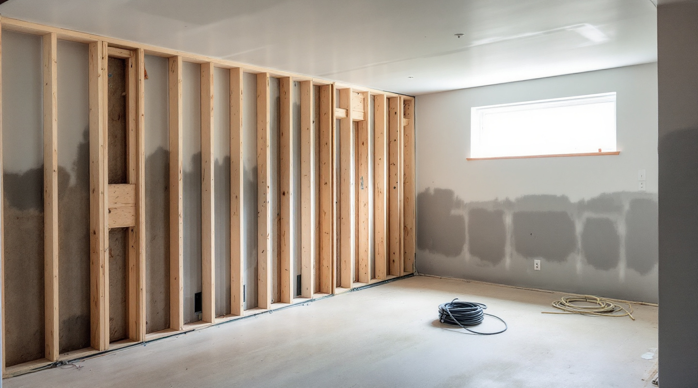 A basement mid-build, framed and part-drywalled
