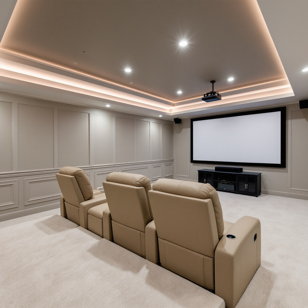 A finished basement home theatre with recliner seating