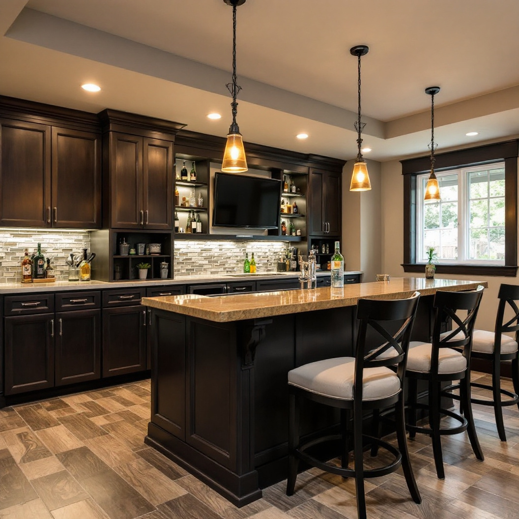 A finished basement wet bar with island seating