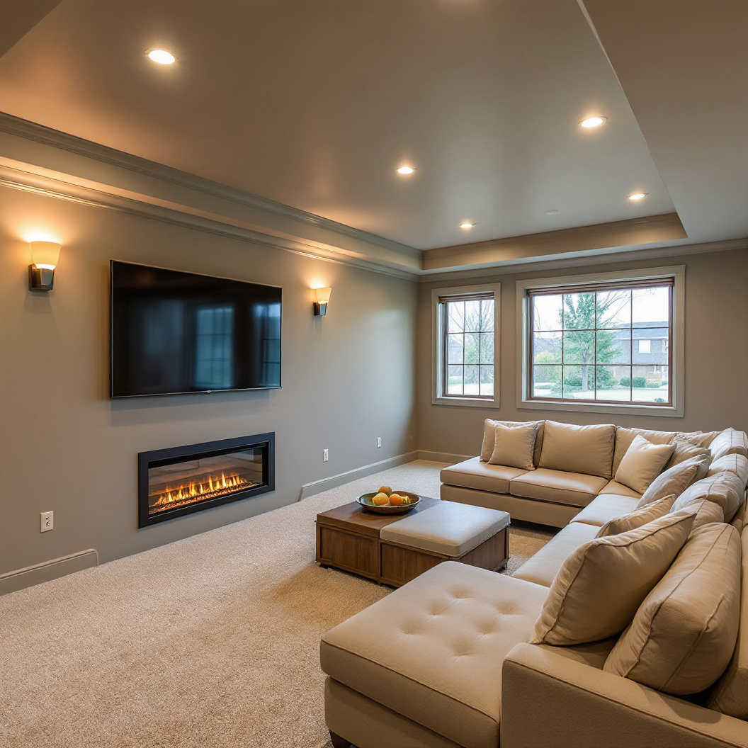 A finished basement rec room with a sectional and fireplace