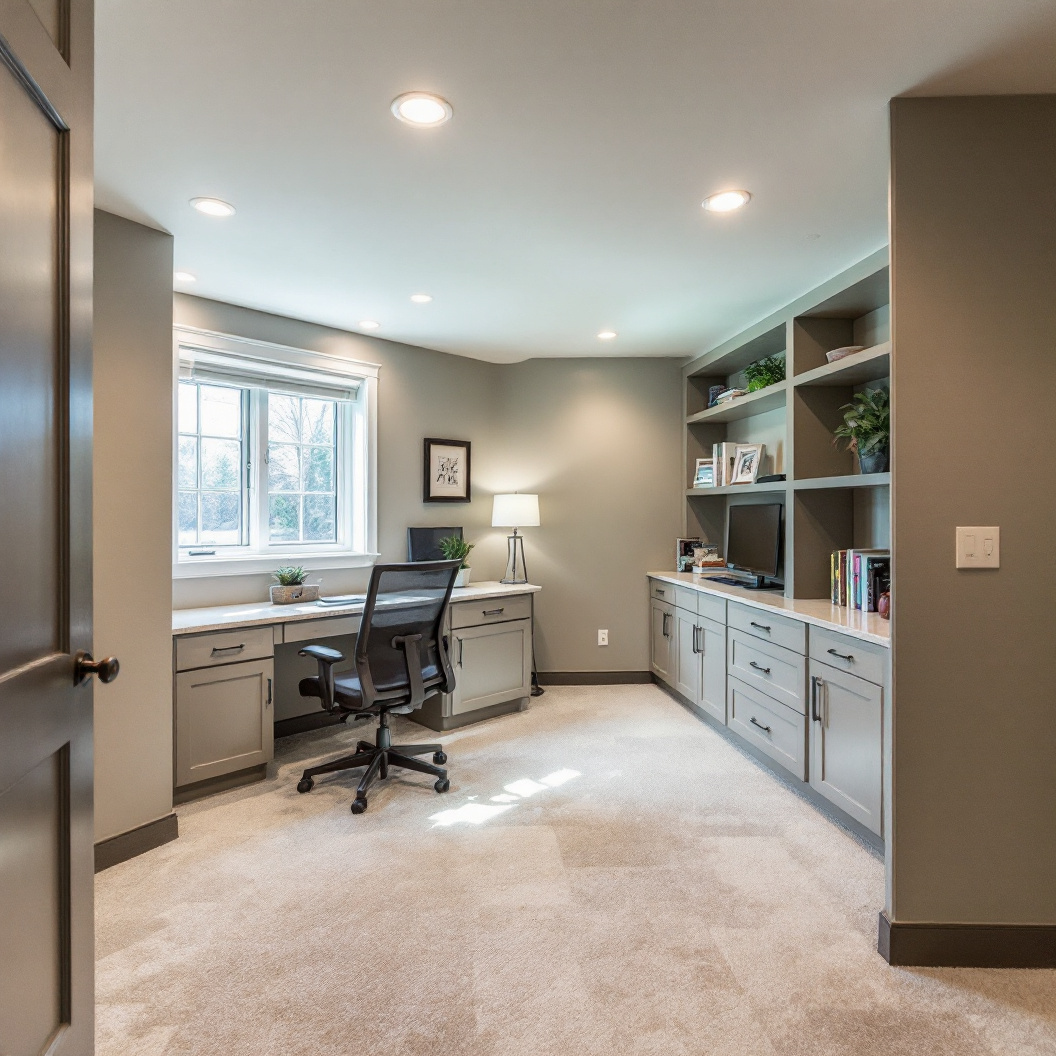 A finished basement home office with built-in desk cabinetry