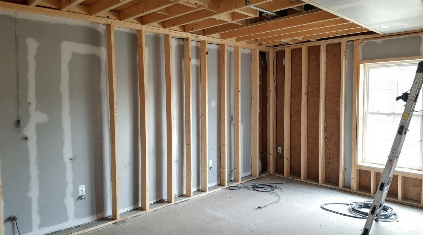A basement mid-build, framed and part-drywalled