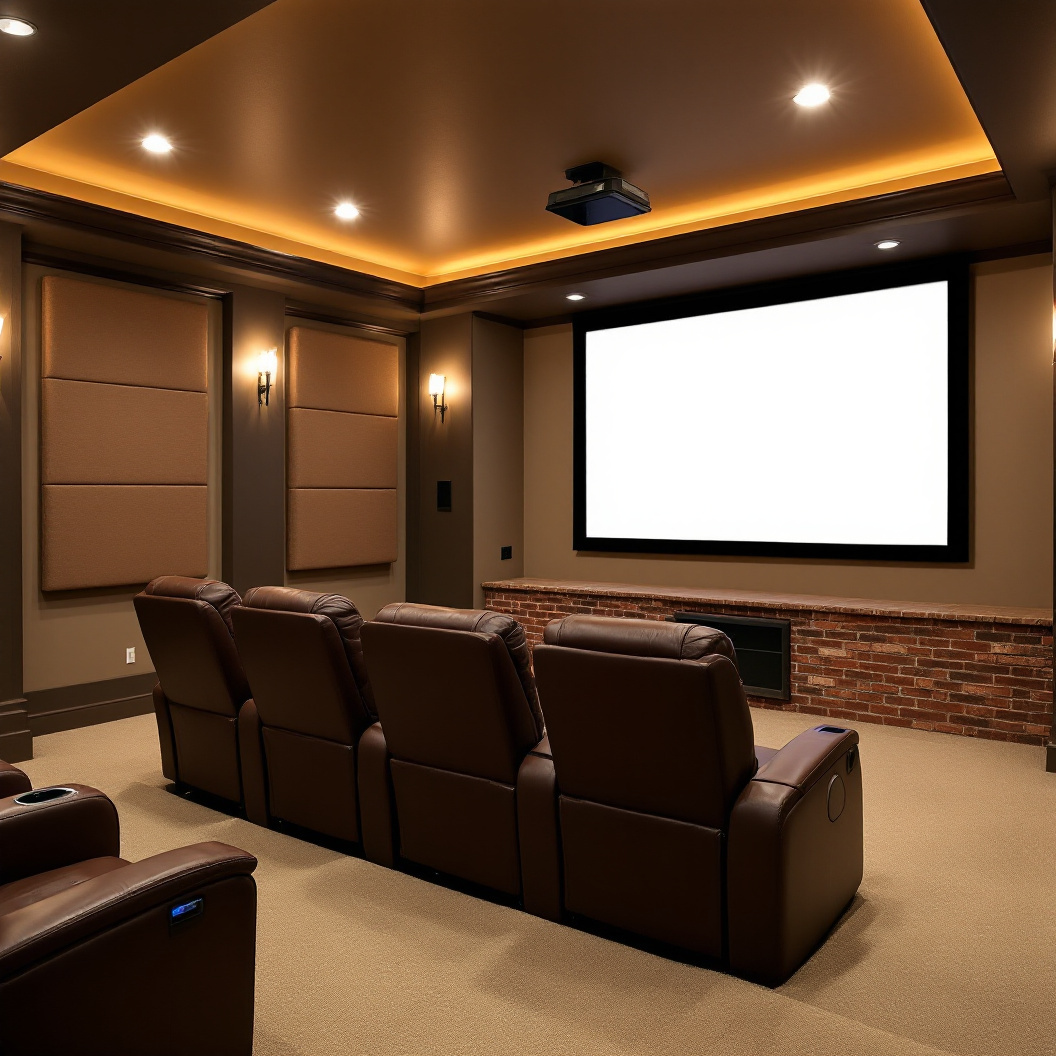 A finished basement home theatre with recliner seating