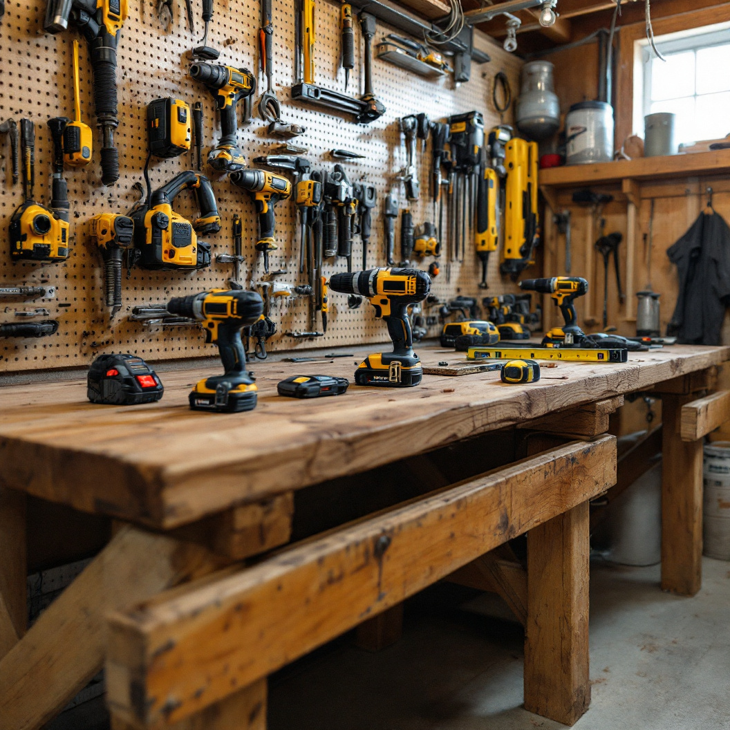 A contractor's workbench and tool wall