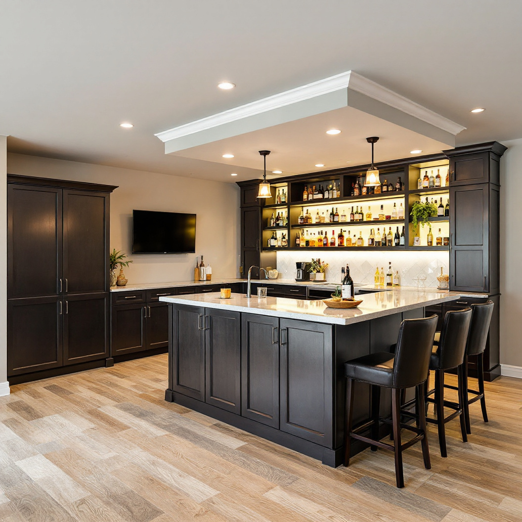 A finished basement wet bar with island seating