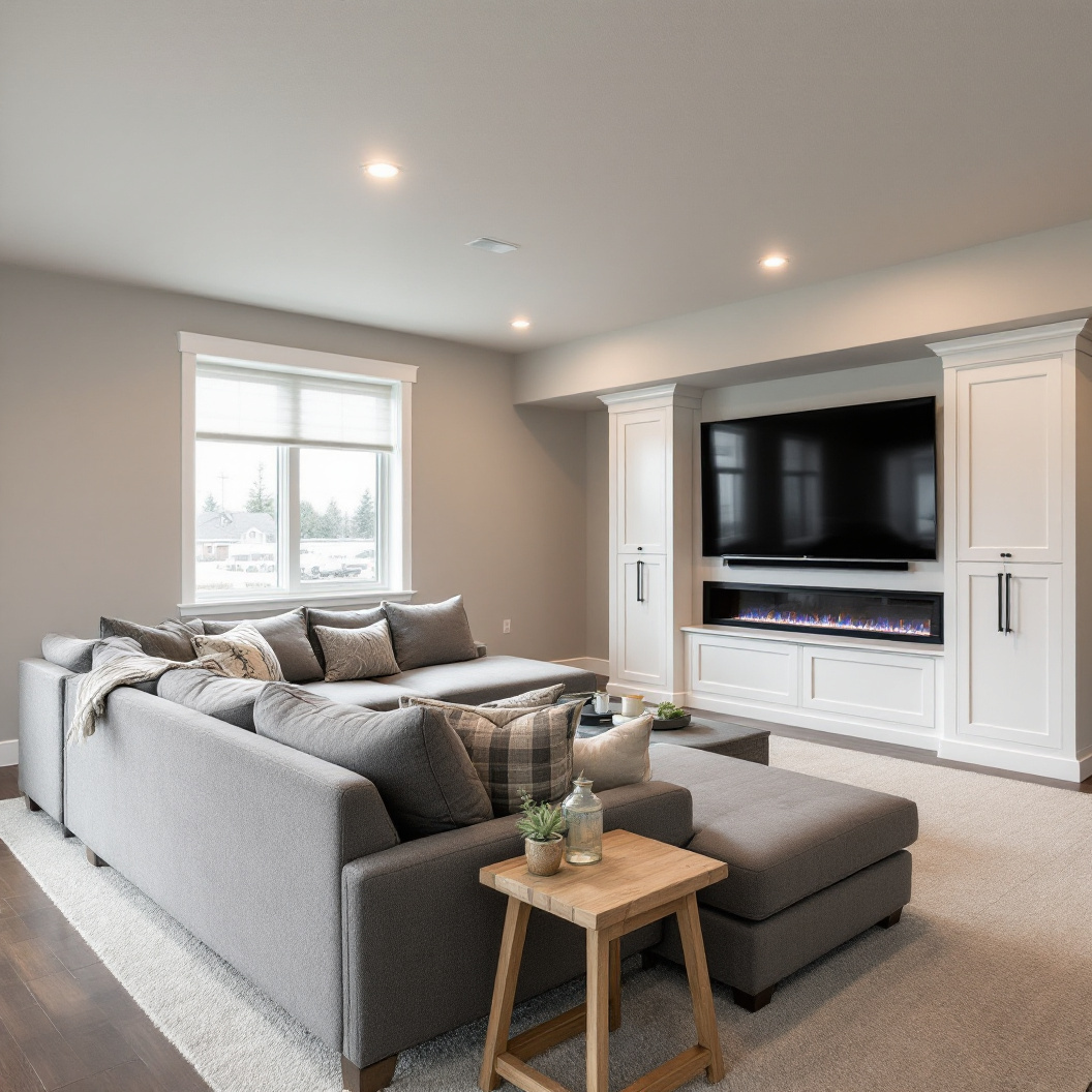 A finished basement rec room with a sectional and fireplace
