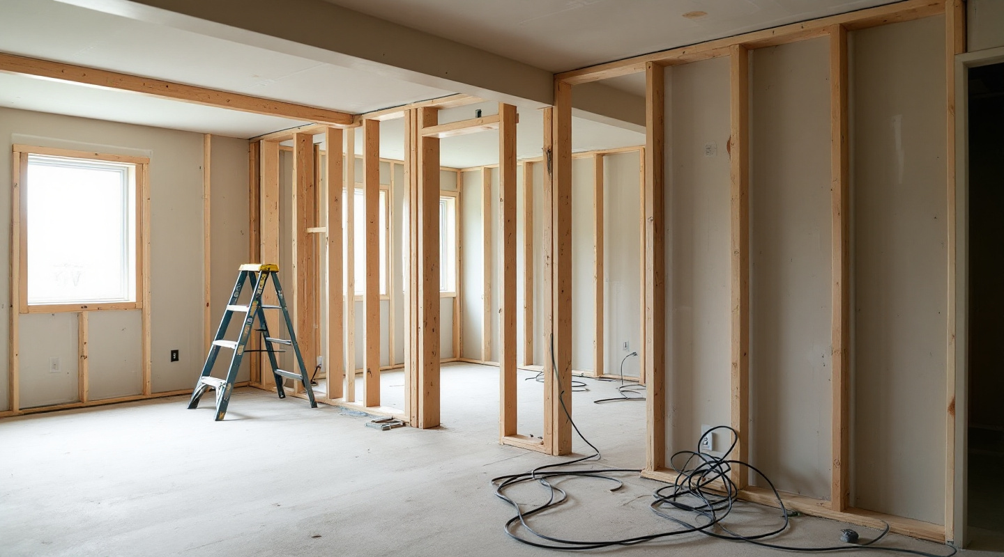 A basement mid-build, framed and part-drywalled
