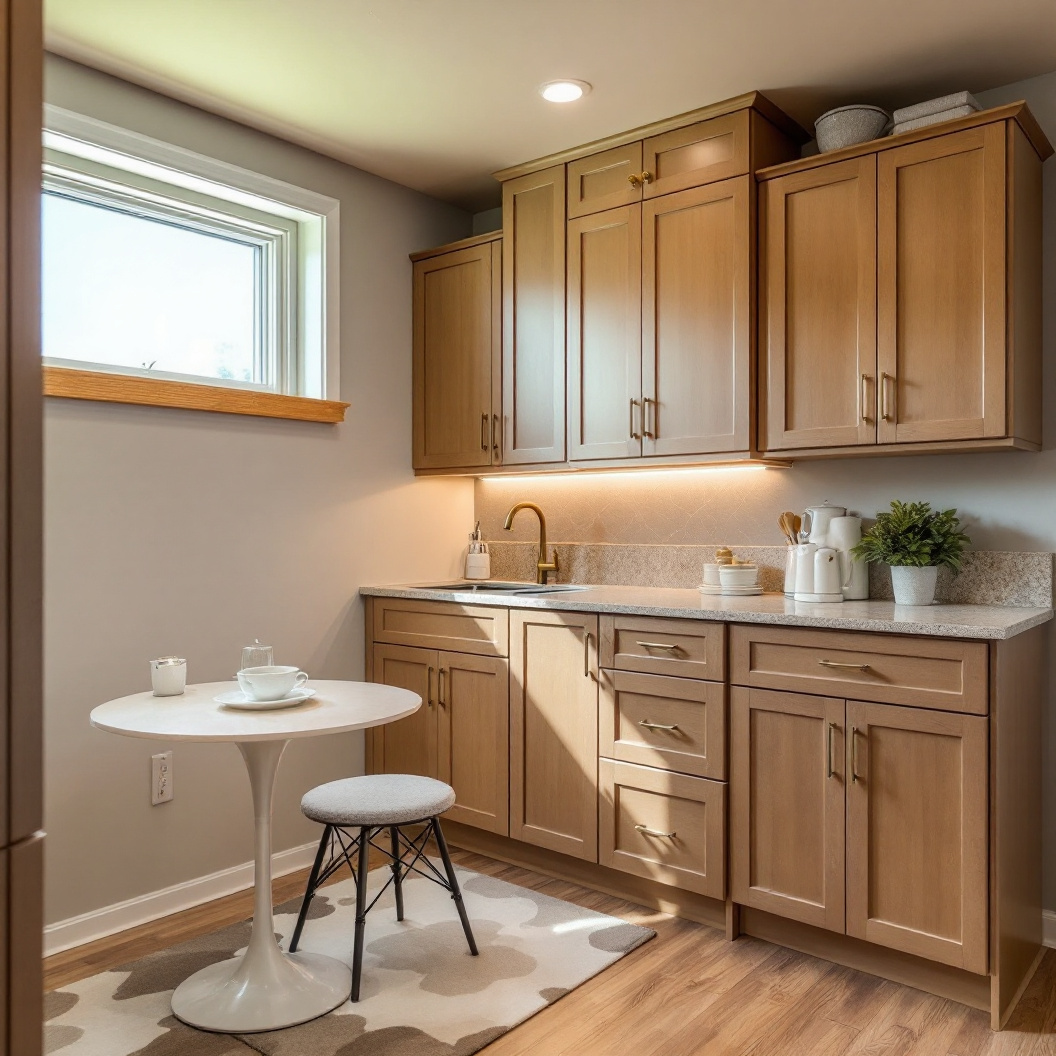 A finished basement legal suite with a kitchenette