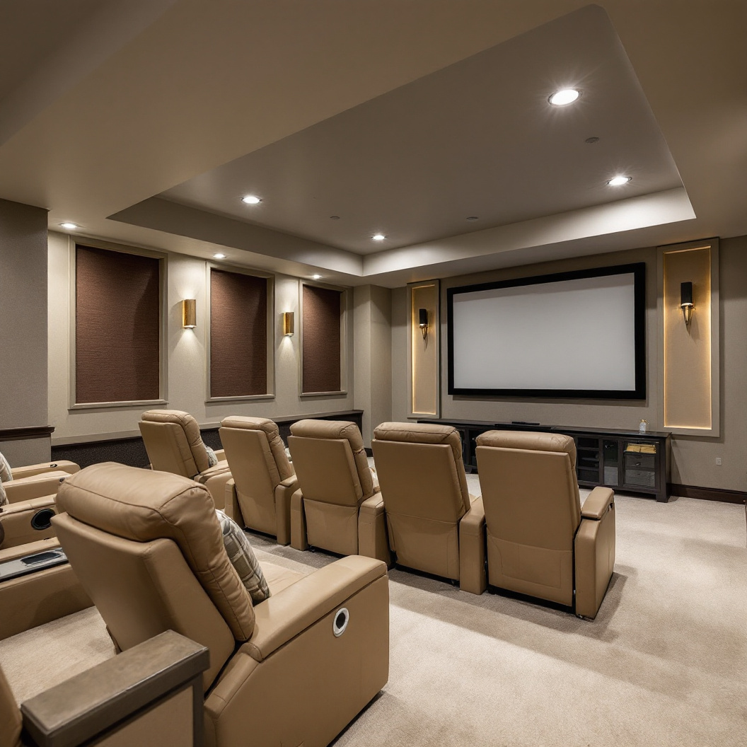 A finished basement home theatre with recliner seating