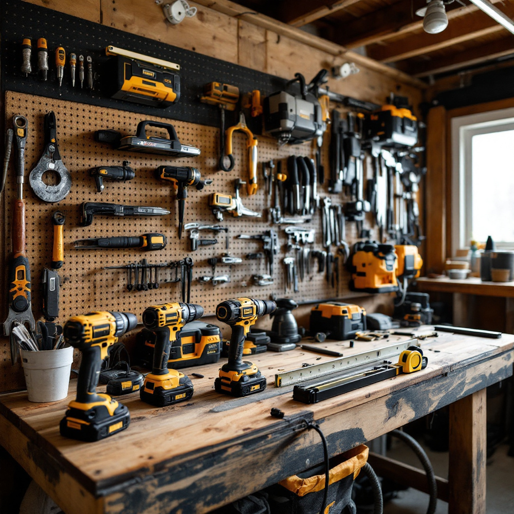 A contractor's workbench and tool wall
