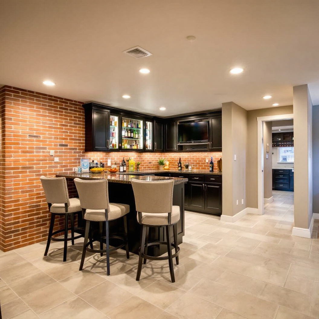 A finished basement wet bar with island seating