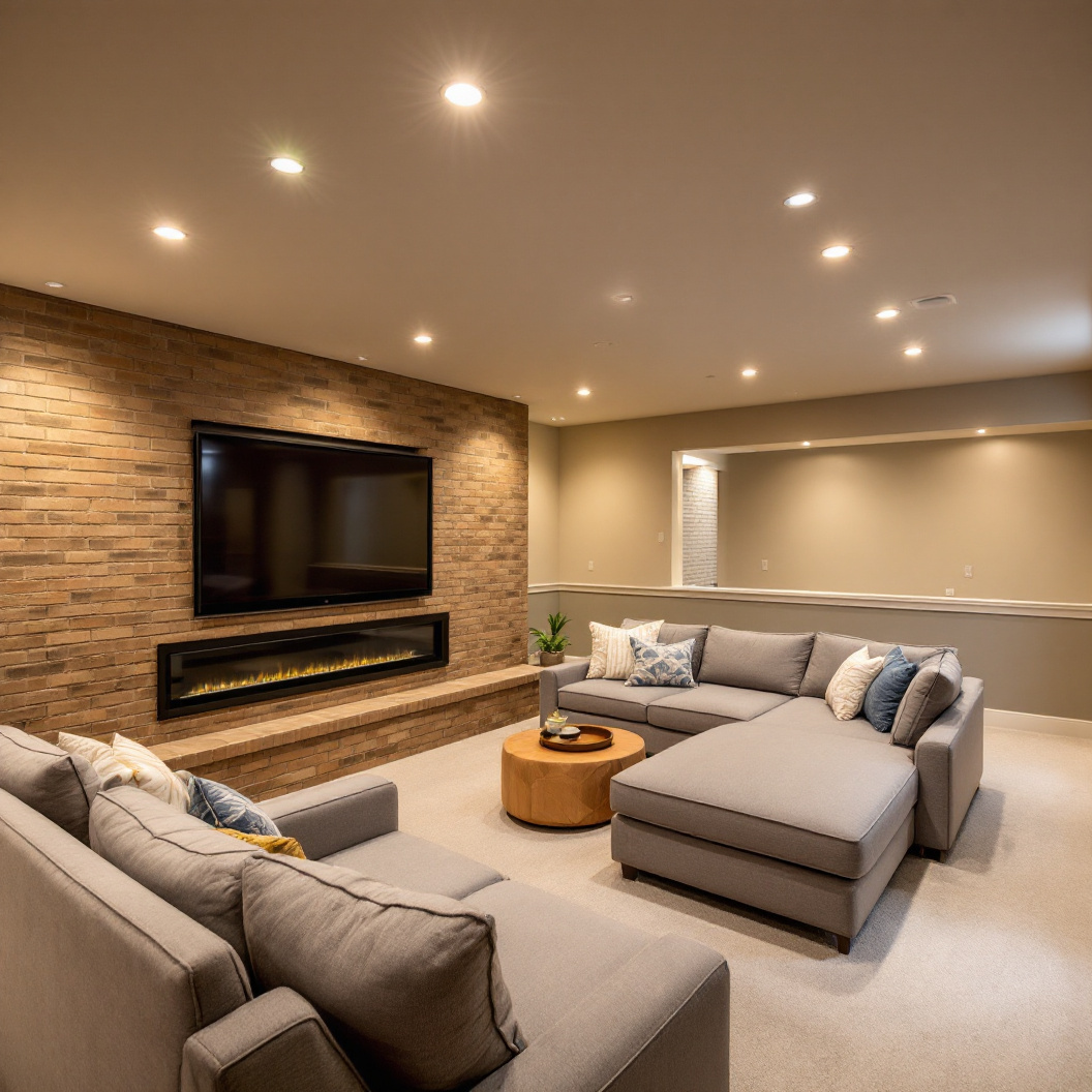 A finished basement rec room with a sectional and fireplace