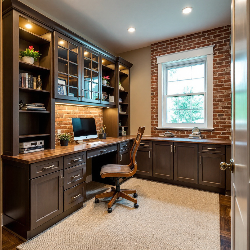 A finished basement home office with built-in desk cabinetry