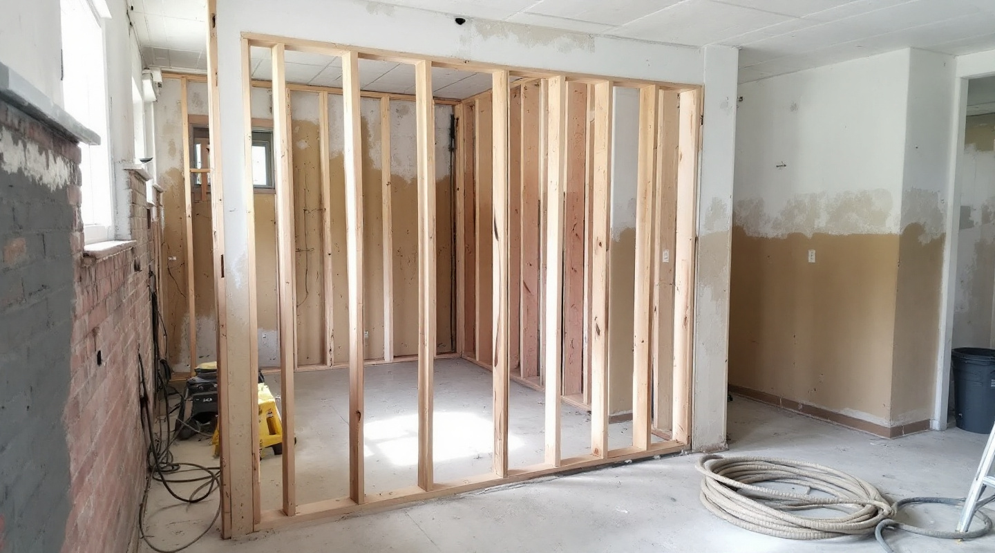 A basement mid-build, framed and part-drywalled