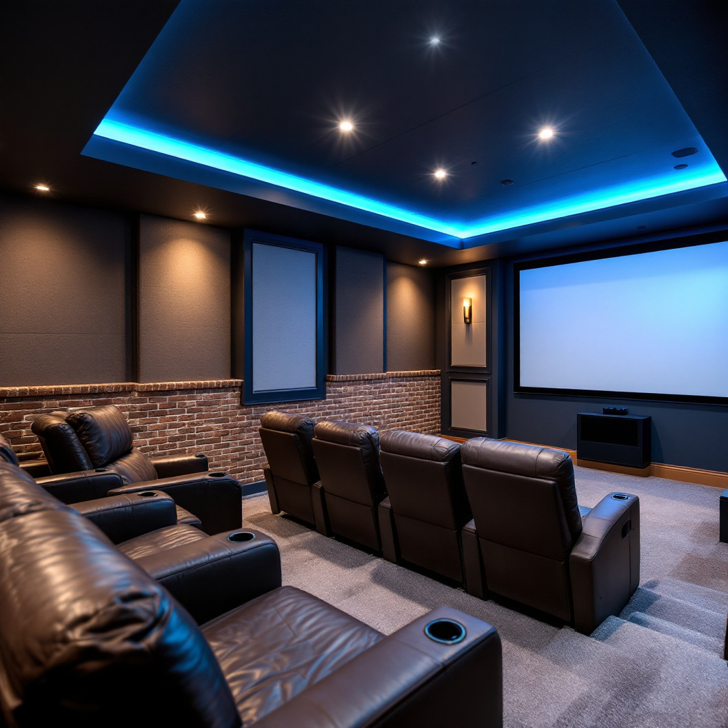 A finished basement home theatre with recliner seating