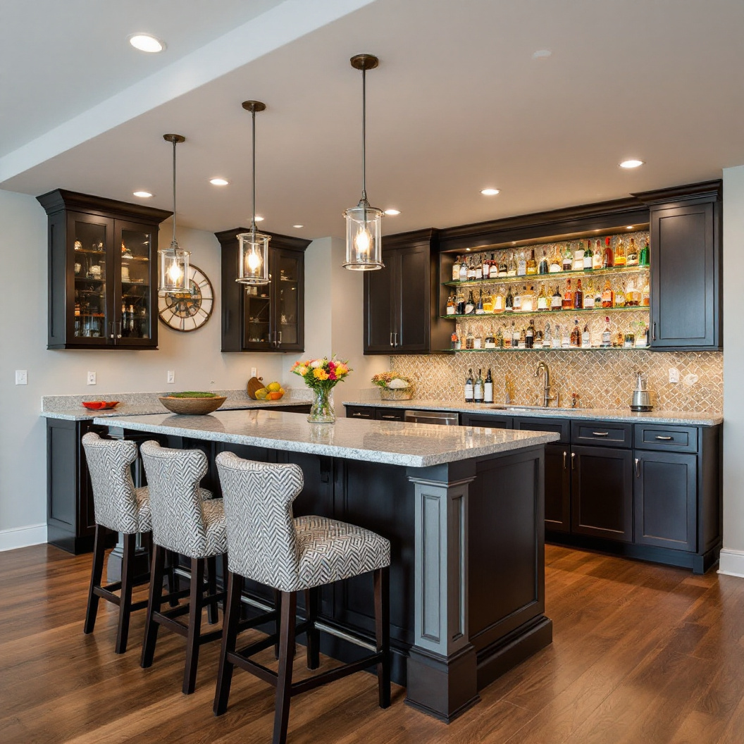 A finished basement wet bar with island seating