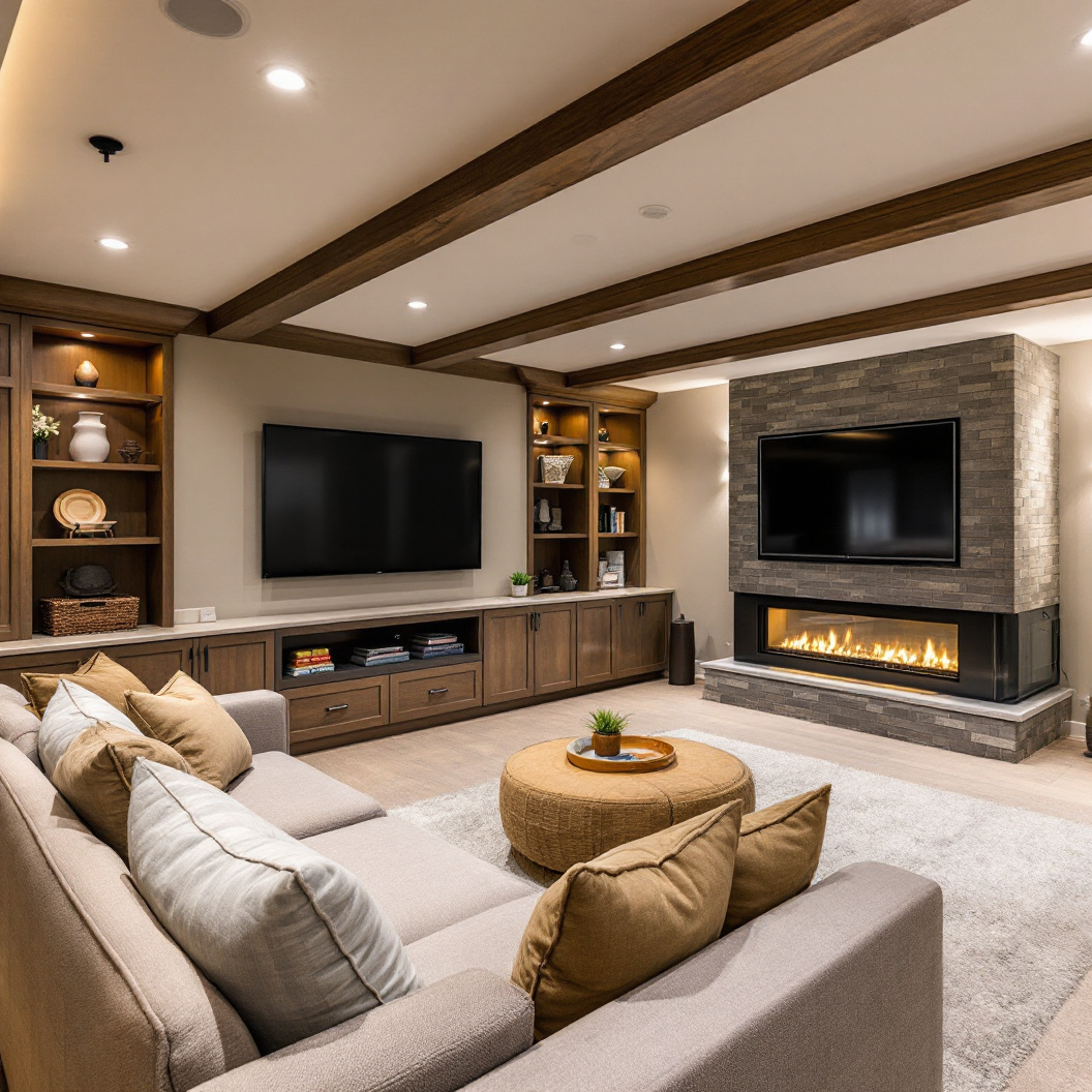 A finished basement rec room with a sectional and fireplace