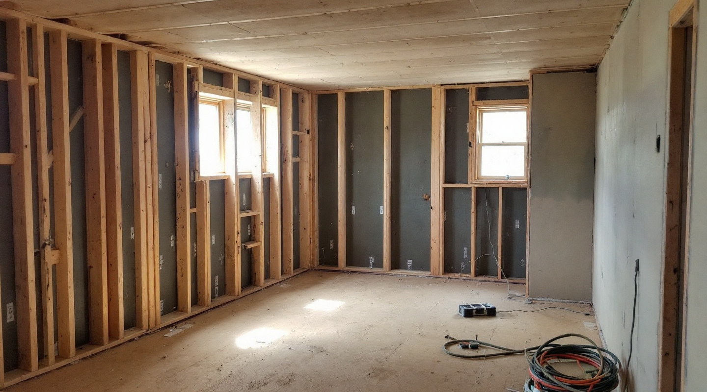 A basement mid-build, framed and part-drywalled