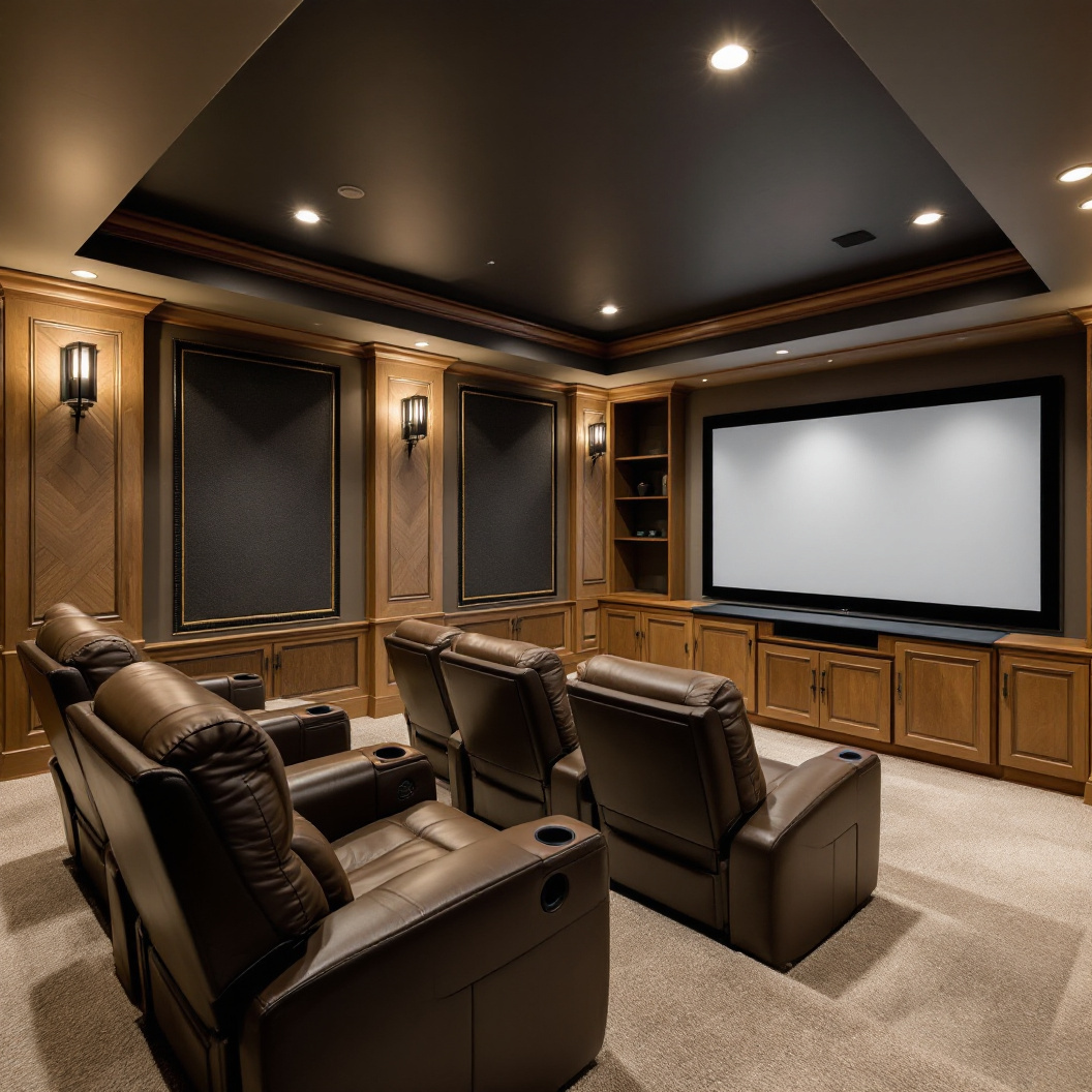 A finished basement home theatre with recliner seating