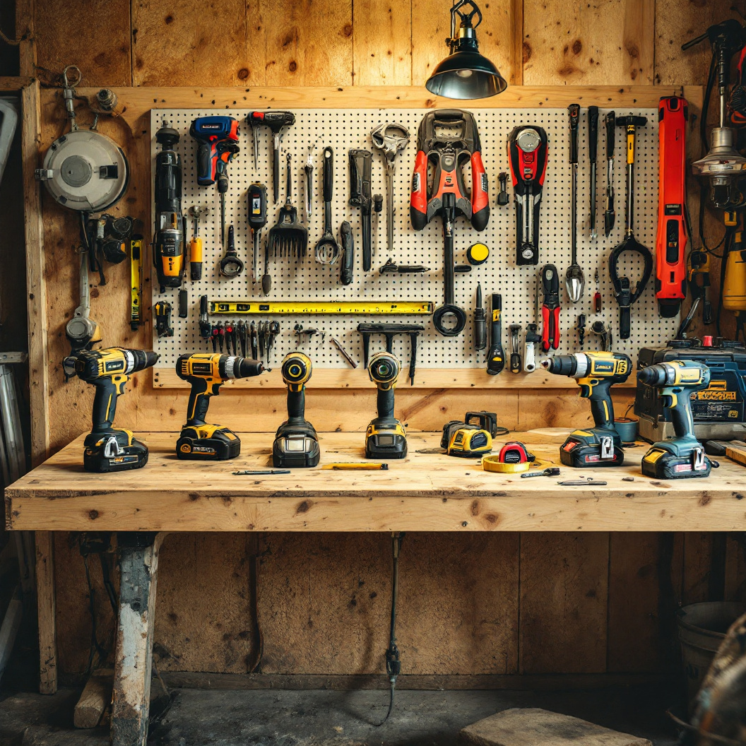 A contractor's workbench and tool wall