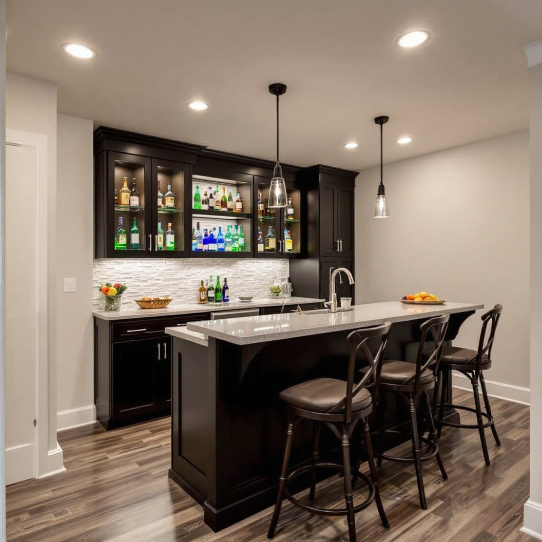 A finished basement wet bar with island seating