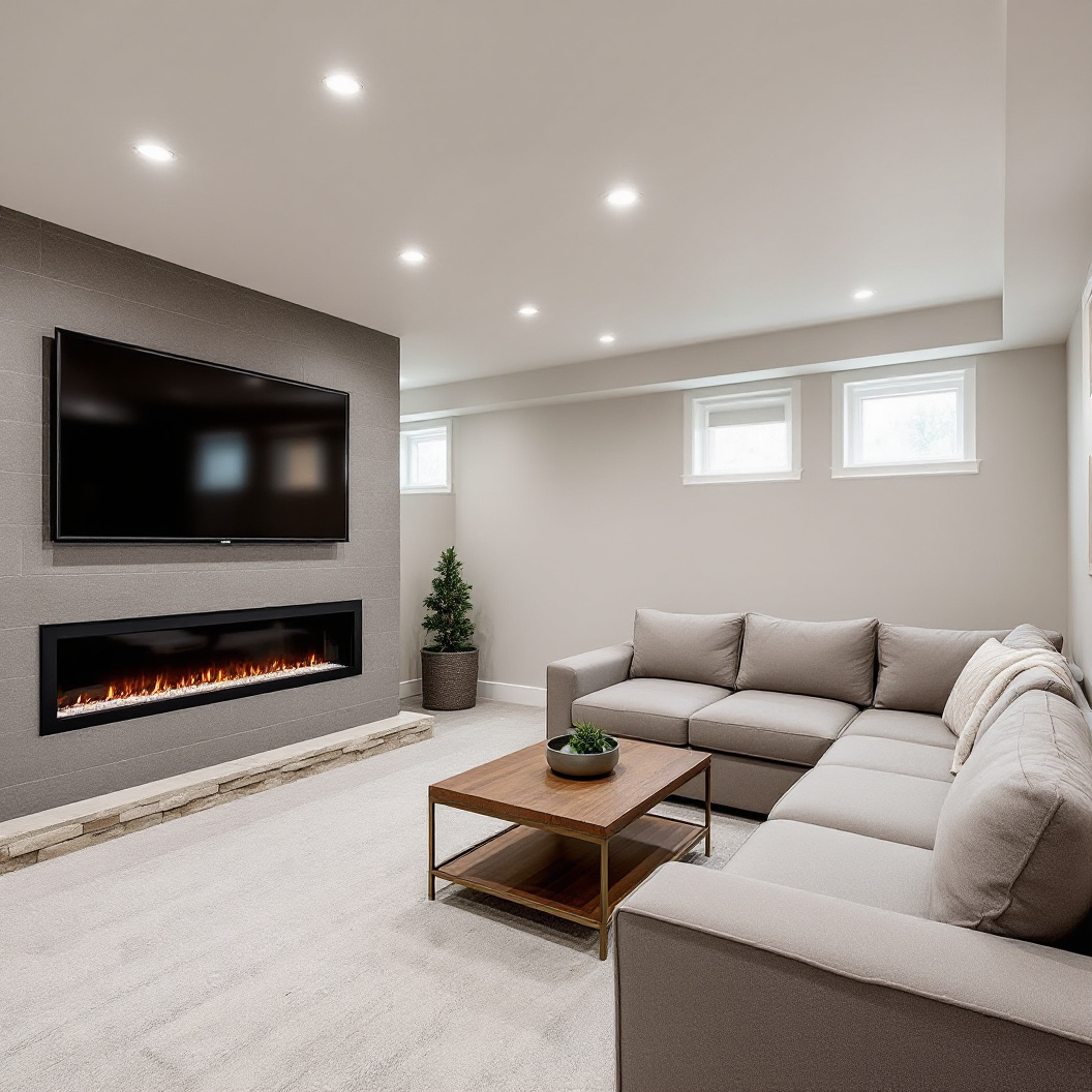 A finished basement rec room with a sectional and fireplace