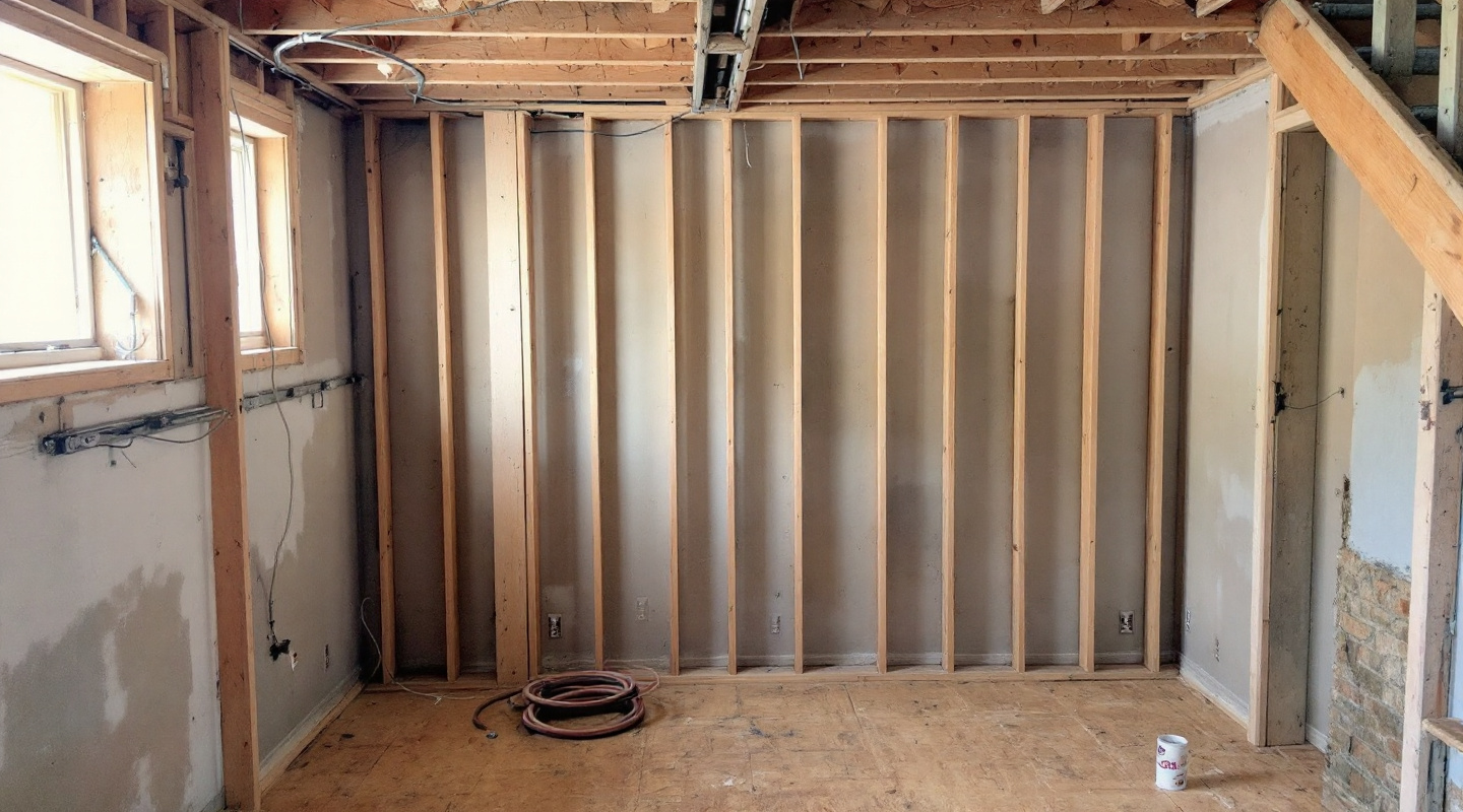 A basement mid-build, framed and part-drywalled