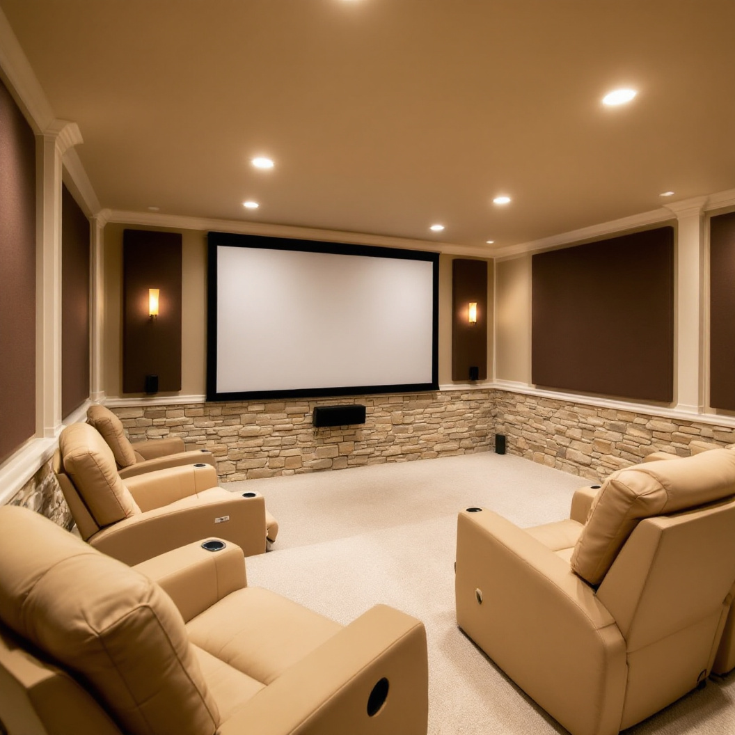 A finished basement home theatre with recliner seating