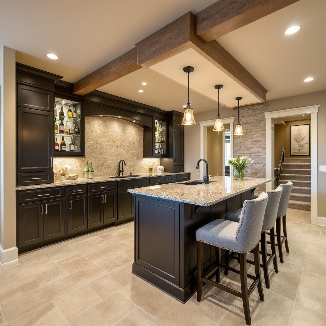 A finished basement wet bar with island seating