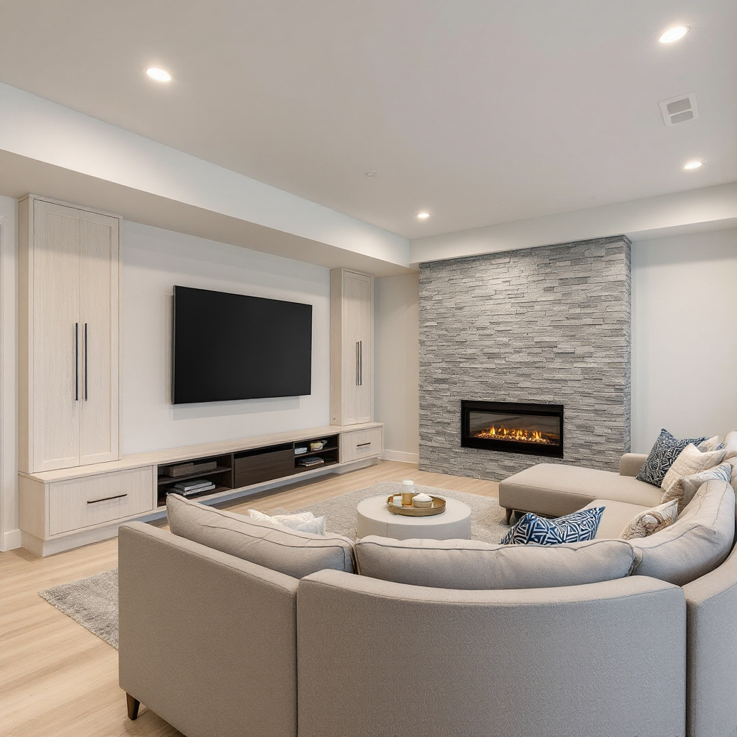 A finished basement rec room with a sectional and fireplace
