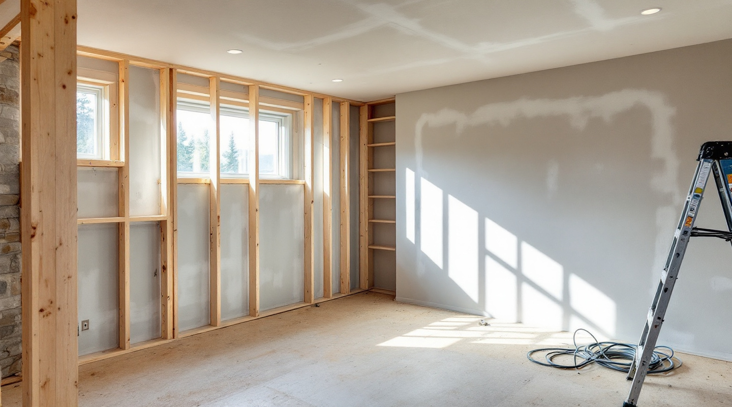 A basement mid-build, framed and part-drywalled