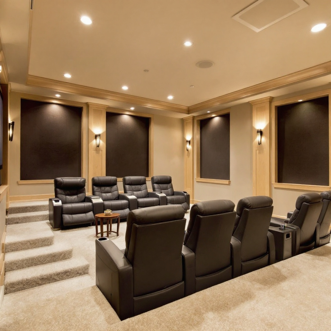 A finished basement home theatre with recliner seating