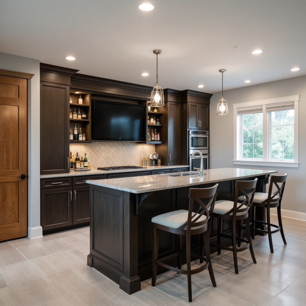 A finished basement wet bar with island seating