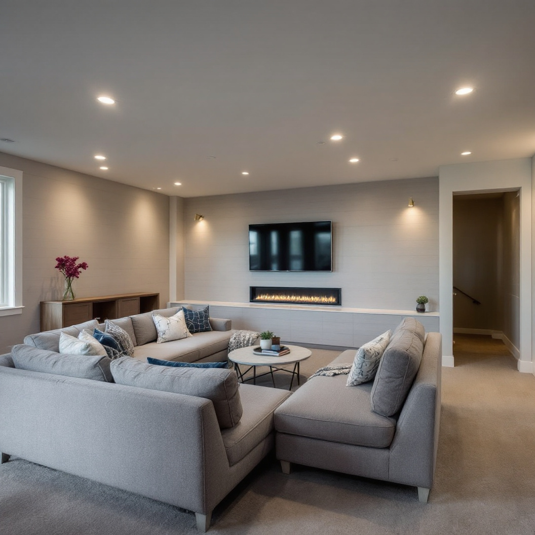 A finished basement rec room with a sectional and fireplace