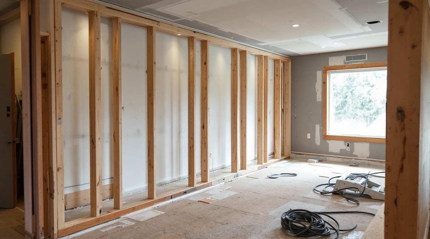 A basement mid-build, framed and part-drywalled