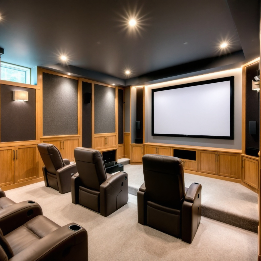 A finished basement home theatre with recliner seating